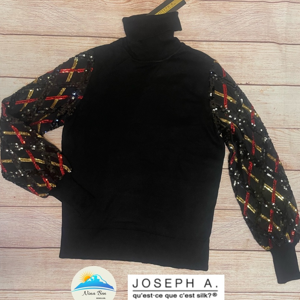 Joseph A  Black Turtleneck Sweater Sequin Sleeves Size S NEW